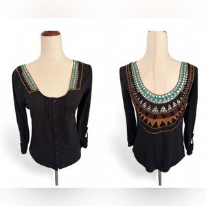 Size XS Black Boho Henley Embroidered Statement Back Top Southwestern Feetival